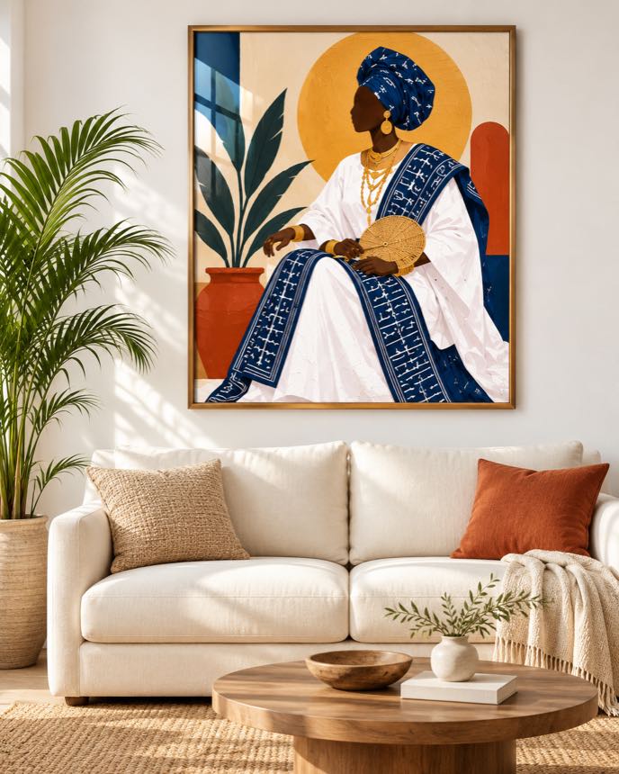 Tableau Dame Blanc & Indigo — collection Grand Boubou
