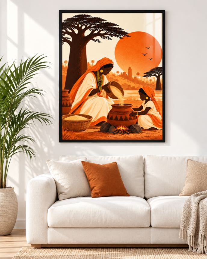 Tableau Le Feu du Soir — collection Jigéeni Dëkk bi
